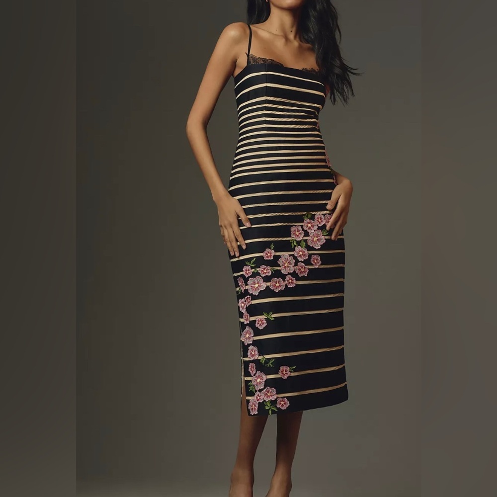 Maeve $258 Anthropologie Striped Midi Dress Embroidered Flowers‎ Fairy Formal